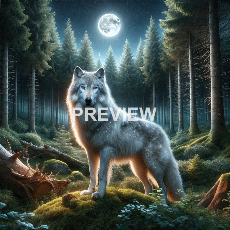 A majestic wolf standing on a mossy forest floor under a bright full moon, surrounded by tall pine trees with a starry sky overhead.