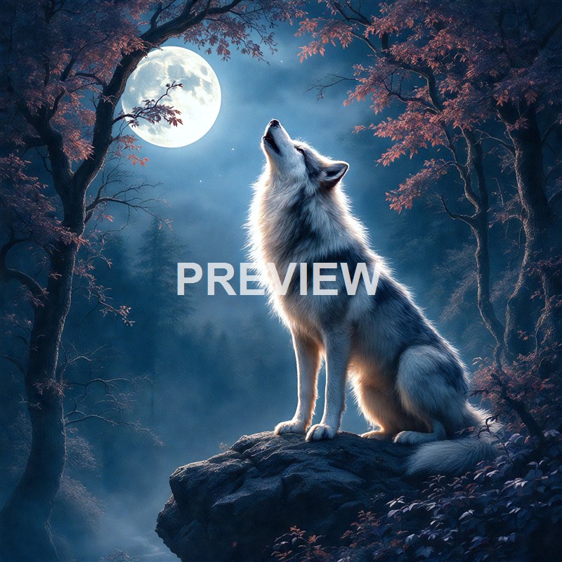 A majestic wolf howling at the full moon in a dark, enchanted forest with autumn-colored trees.