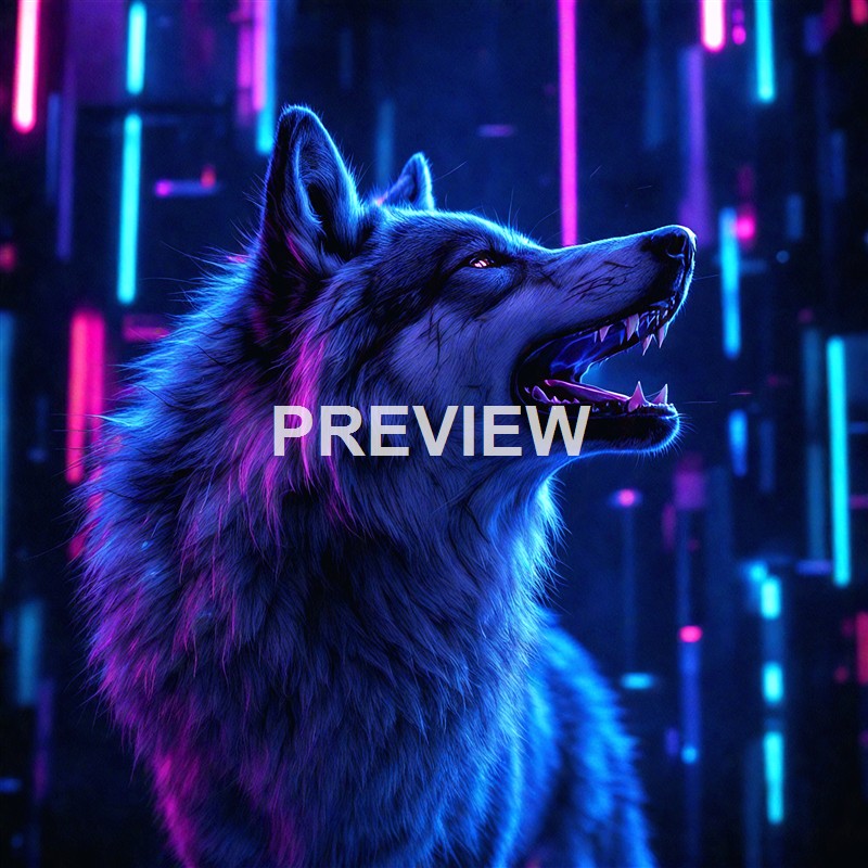 A digitally rendered image of a howling wolf with glowing blue and purple fur, set against a background of neon-colored vertical light streaks.