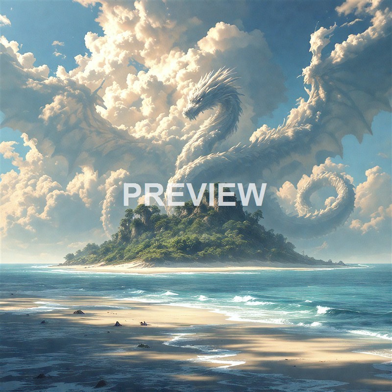 A fantasy scene featuring a small island with lush greenery and rocky terrain, surrounded by ocean waves under a sky filled with dramatic clouds, with a large, majestic dragon made of clouds and mist coiling through the sky.