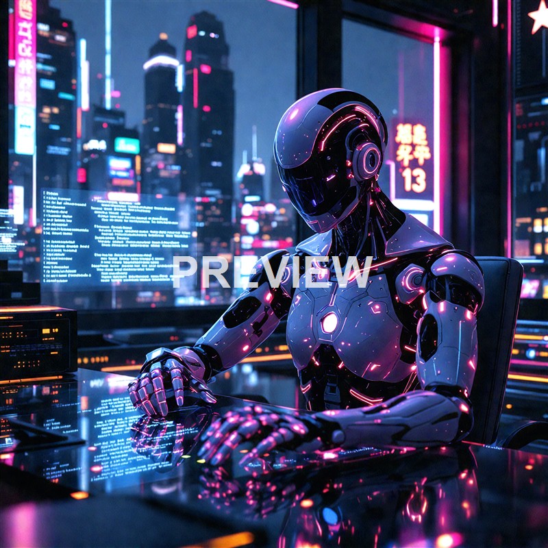 A futuristic robot with a sleek, glowing black and pink design is seated at a desk in a high-tech cityscape filled with neon lights and tall skyscrapers.