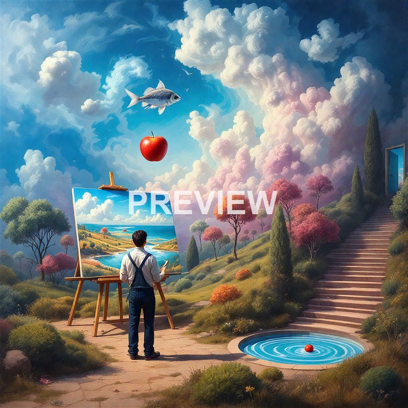 A young boy stands in front of an easel with a painting of a landscape, while a fish and an apple float in the sky above, surrounded by colorful trees, a staircase, and a small fountain with a red ball.