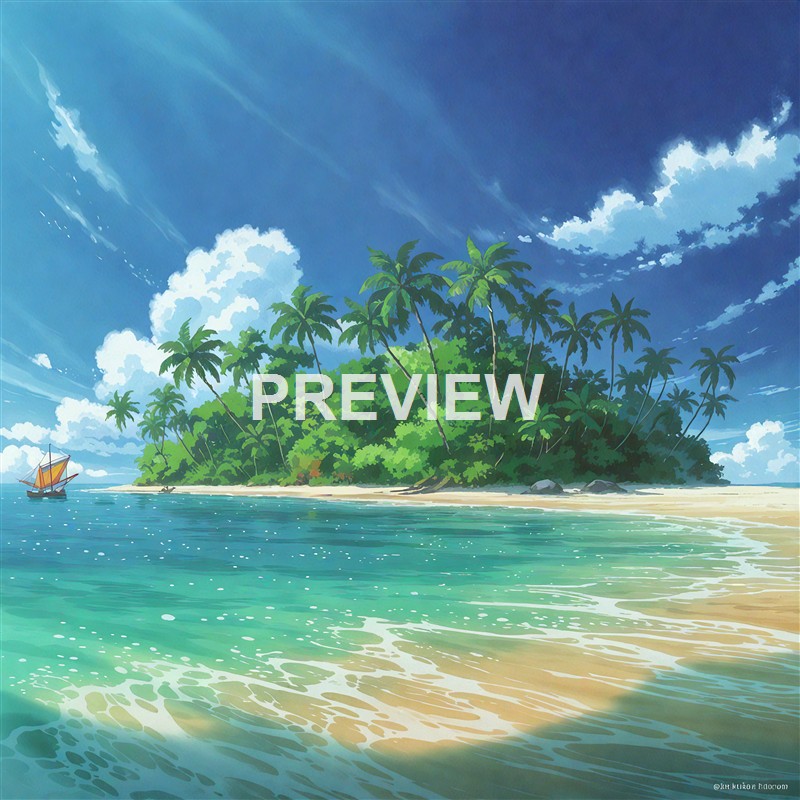 A tropical island scene with lush green palm trees, a sandy beach, and a sailboat on calm turquoise waters under a bright blue sky with fluffy white clouds.