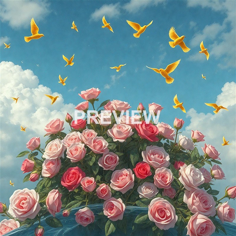 A large bouquet of pink and red roses is shown in the foreground with numerous yellow birds flying above against a blue sky with clouds.