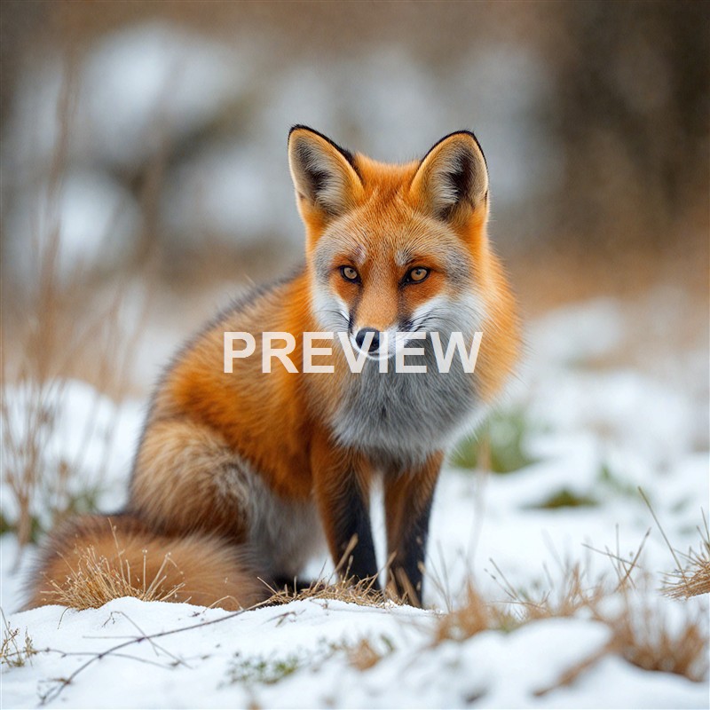 A red fox with a bushy tail and pointed ears sitting on snow-covered ground with a blurred background.