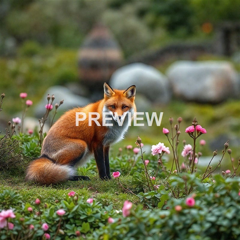 A red fox sitting among pink flowers and green foliage in a natural outdoor setting with rocks and blurred background behind it.