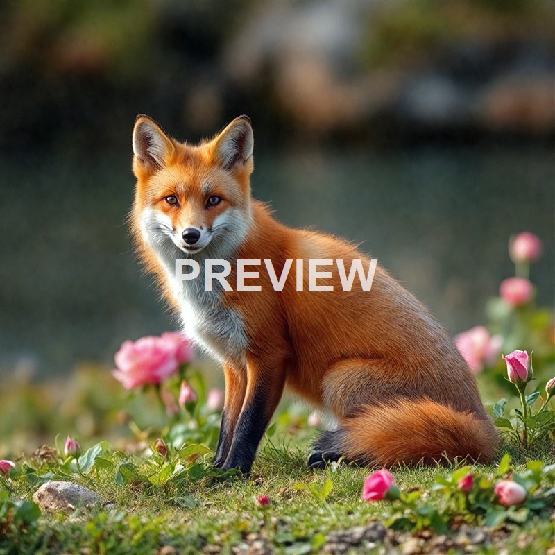 A red fox sitting on the ground among pink flowers with a blurred natural background.