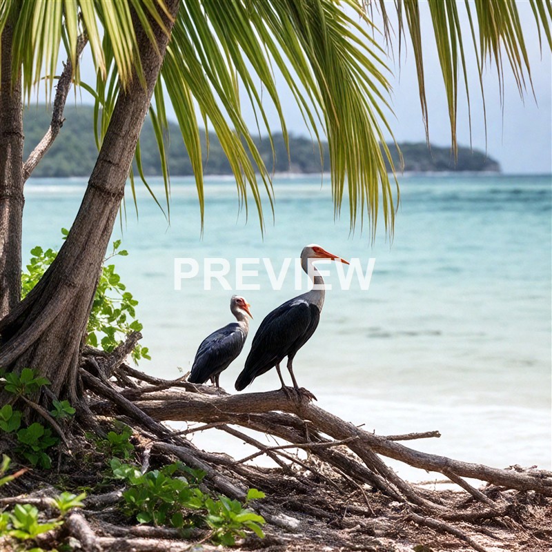 Two large herons with long orange beaks and black and white plumage are perched on a fallen tree branch under a palm tree on a tropical beach, with turquoise water and a distant island in the background.