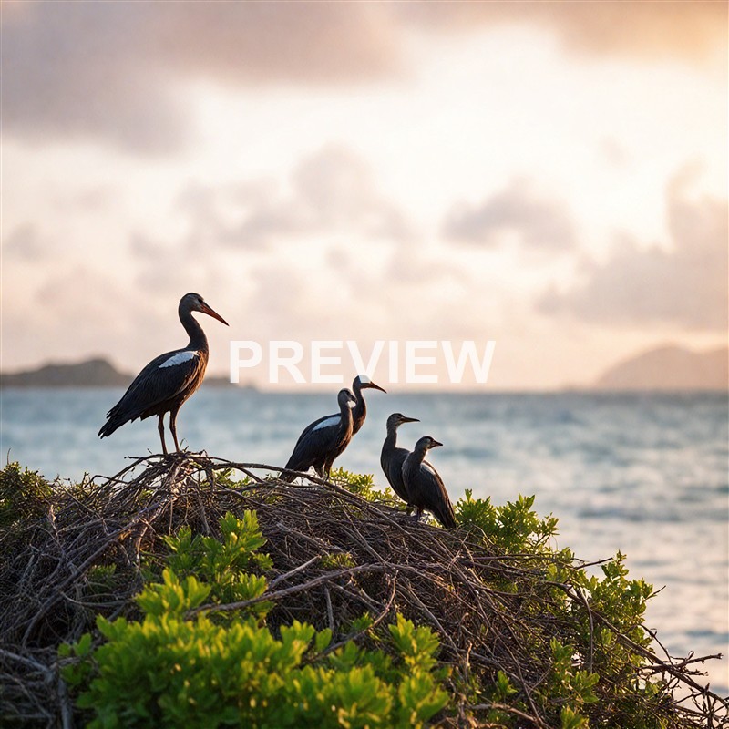 Four herons are perched on a tangled nest made of twigs and green foliage, with the ocean and a cloudy sky in the background during sunset.