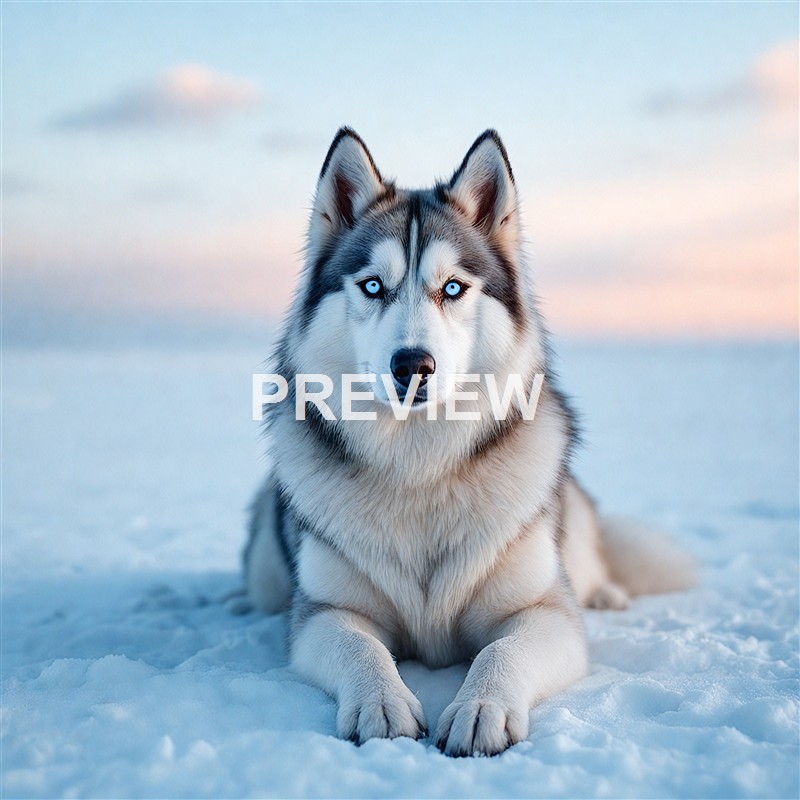 A Siberian Husky with striking blue eyes is lying on snow with a soft pastel sky in the background.