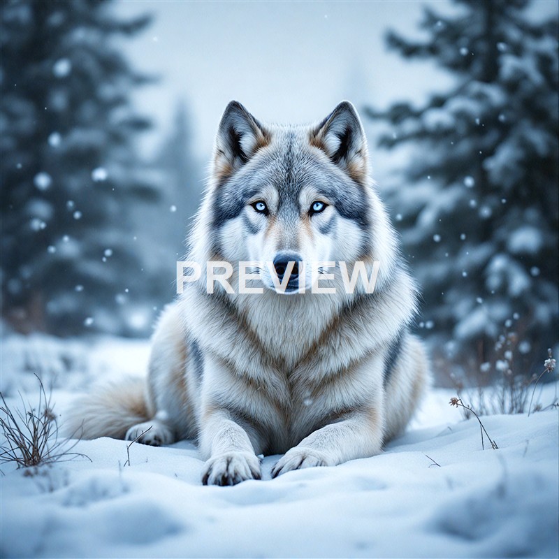 A gray and white wolf with piercing blue eyes lying on snow in a winter forest setting with snow-covered trees in the background.