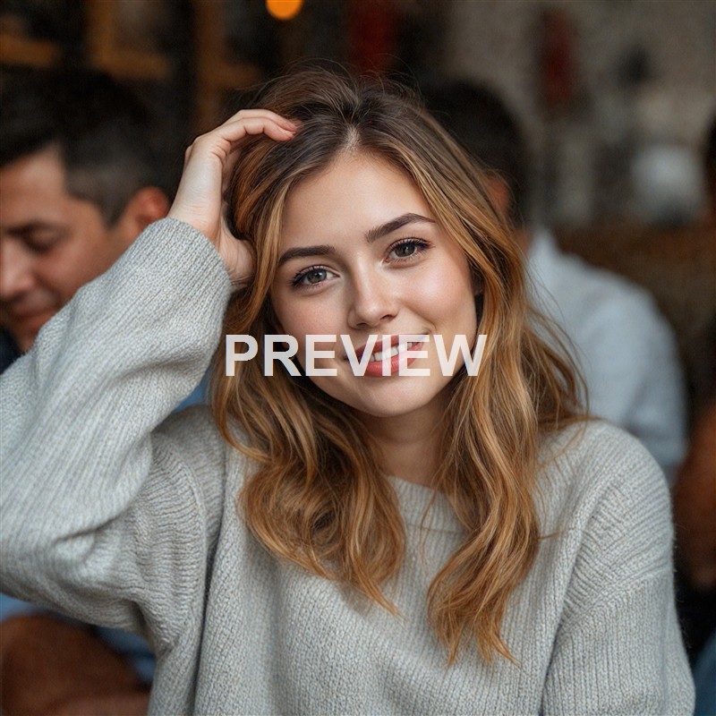 A young woman with wavy, reddish hair and a warm smile, wearing a light gray sweater, is sitting indoors with her hand resting on her head, surrounded by blurred people in the background.