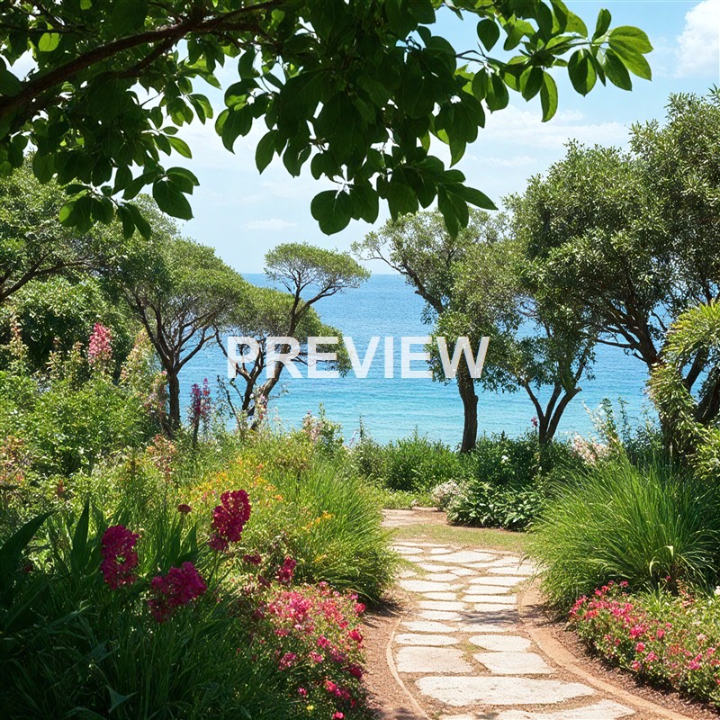 A lush garden pathway with vibrant pink and green plants, leading towards the ocean with tall trees and a clear blue sky in the background.