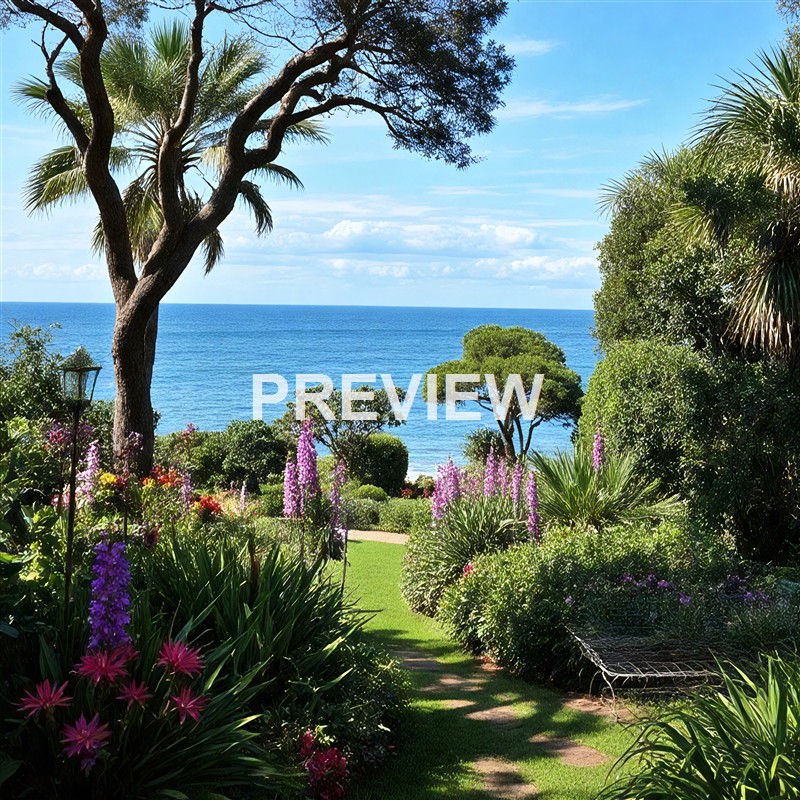 A lush garden with vibrant flowers and various trees leading to a view of the ocean under a partly cloudy sky.