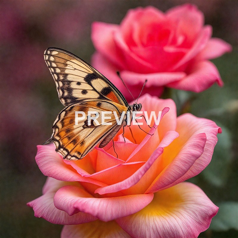 A butterfly with orange, black, and white markings perched on a pink and peach-colored rose flower.