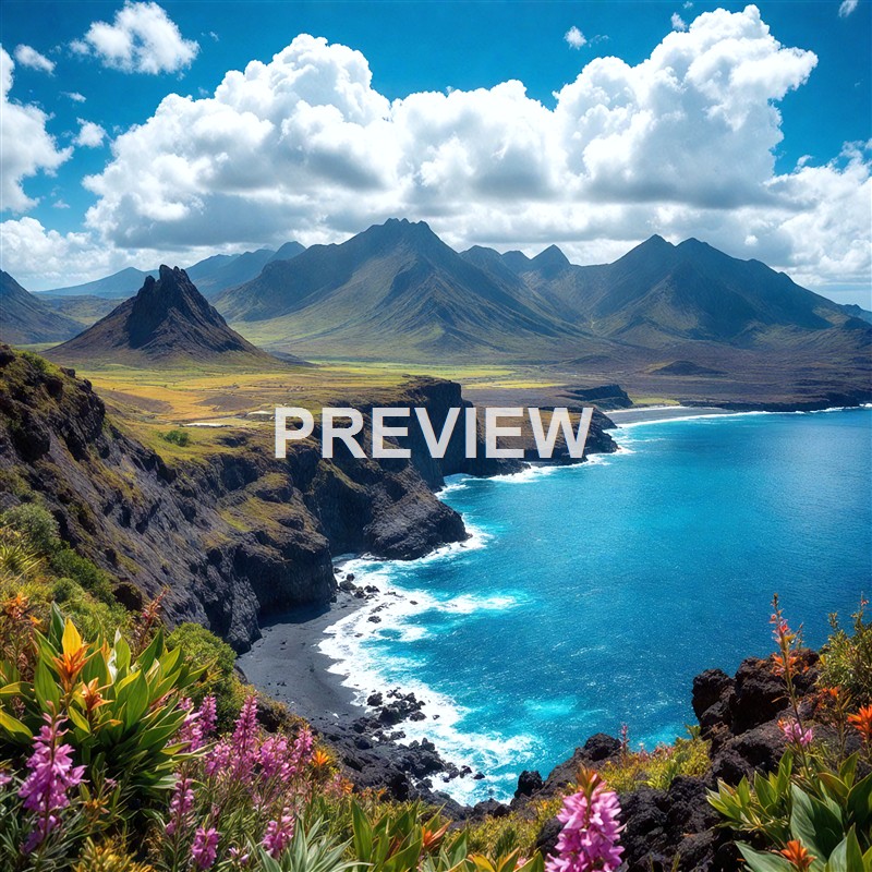 A scenic coastal landscape featuring rugged cliffs, lush green mountains in the background, vibrant flowers in the foreground, and a bright blue sky with scattered clouds.