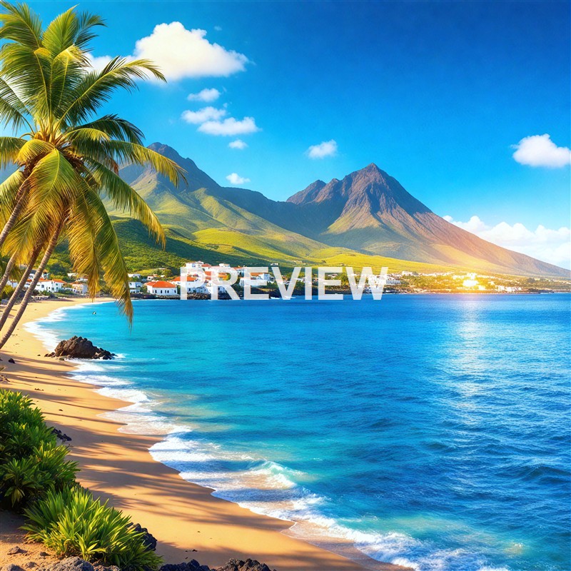 A tropical beach scene with palm trees in the foreground, white buildings along the shoreline, green mountains in the background, and a bright blue sky with scattered clouds.