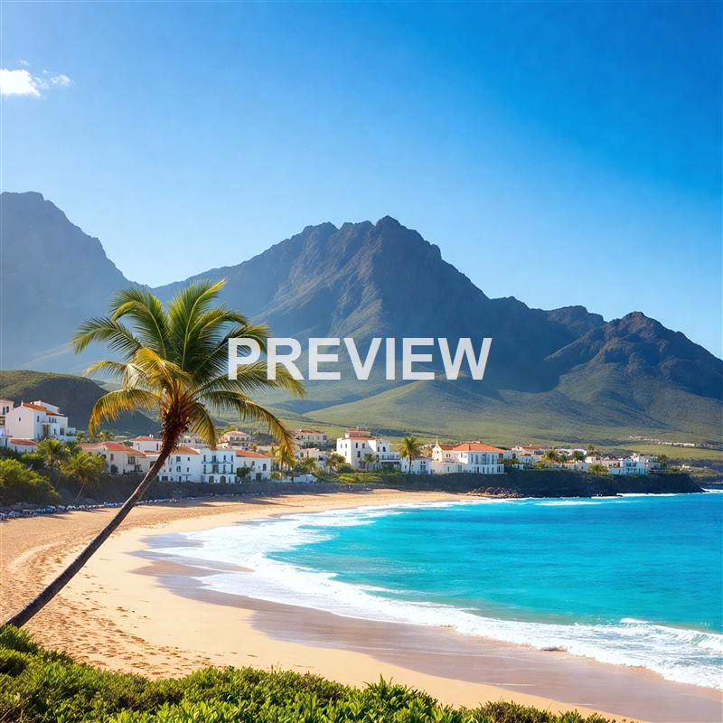 A tropical beach scene with a sandy shoreline, a leaning palm tree, white houses, green mountains in the background, and a clear blue sky.