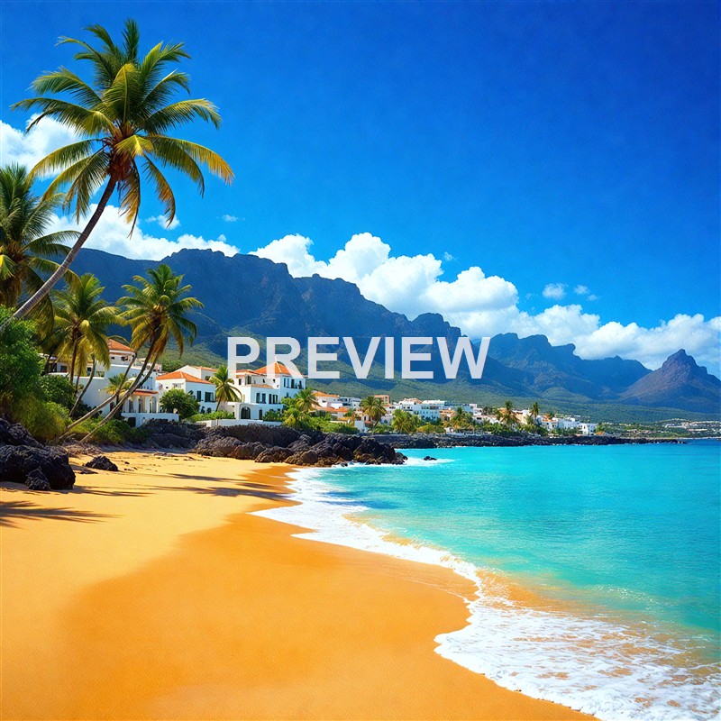 A tropical beach scene with golden sand, turquoise water, palm trees, white houses with red roofs, and mountains in the background under a bright blue sky with fluffy clouds.