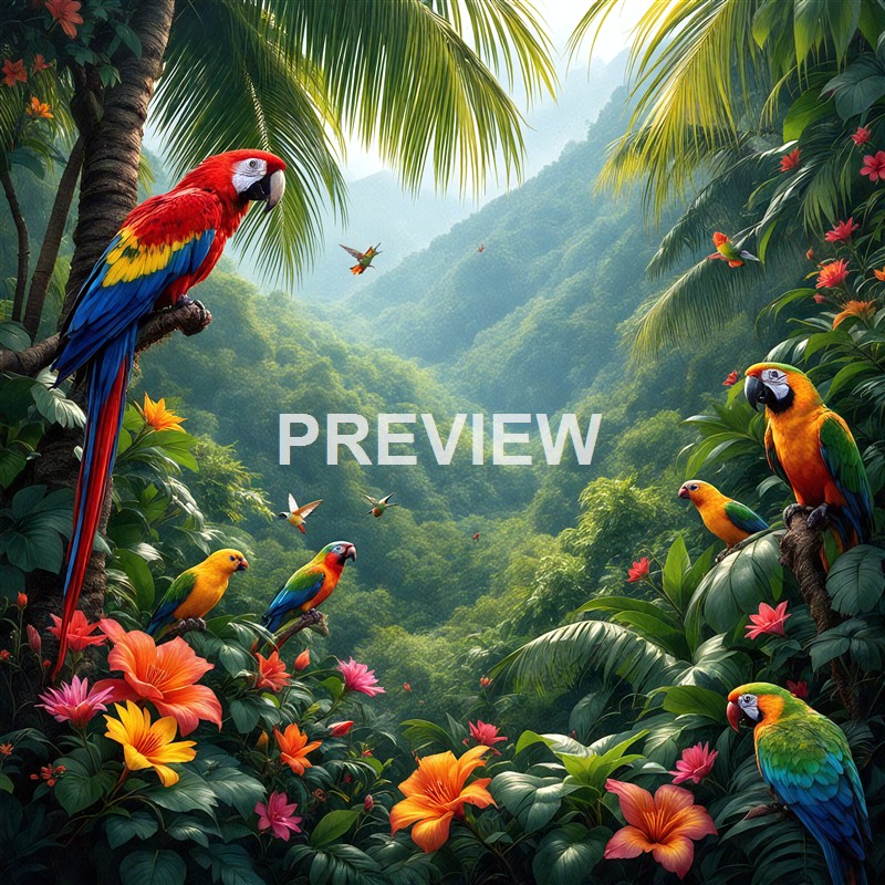 The image depicts a lush, tropical rainforest scene with vibrant parrots perched on trees and flying amidst large green leaves and colorful flowers, with rolling hills and misty mountains in the background.