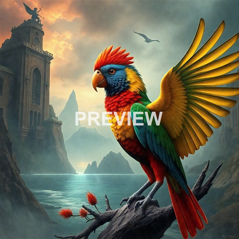 A vividly colorful, fantastical bird with rainbow feathers and large wings perched on a branch in a mystical landscape with mountains, water, and an ancient building in the background.