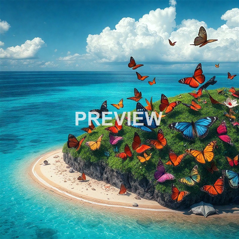 The image depicts a small, sandy island with a rocky and grassy shoreline, surrounded by bright blue ocean waters, with numerous colorful butterflies flying above the greenery under a partly cloudy sky.