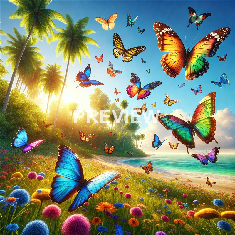 A vibrant and colorful scene of numerous butterflies flying over a floral meadow along a sandy beach with palm trees under a bright blue sky.